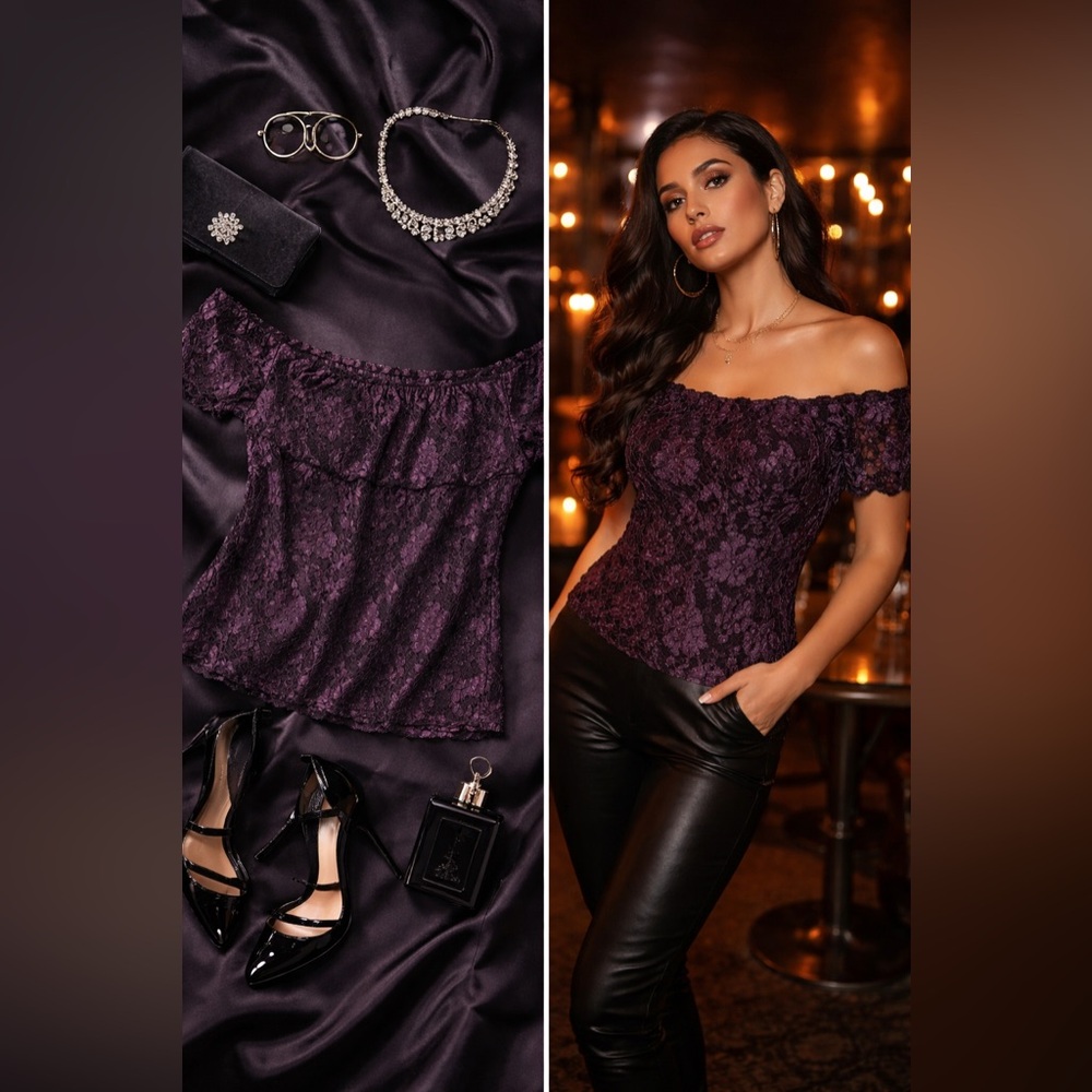Stefanyszyn Purple Black Lace Top | Off Shoulder Romantic Blouse | Made in USA